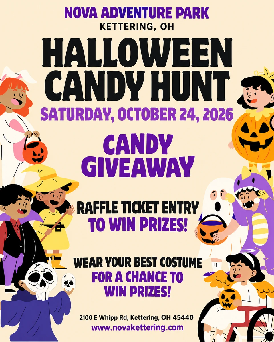 Halloween Candy Hunt at Nova Adventure Park, Saturday October 24, 2026: candy giveaway, raffle prizes and costume prizes.