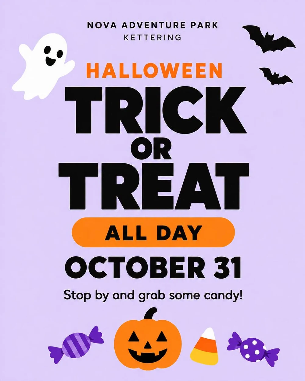 Halloween Trick or Treat all day Saturday October 31 at Nova Adventure Park Kettering: stop by and grab some candy!